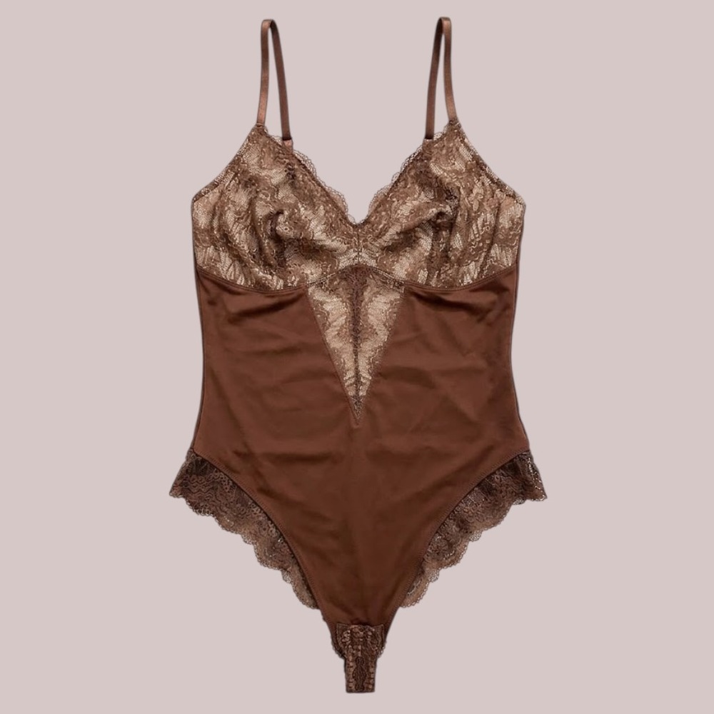 Brown Lace Trim V-Neck Bodysuit Adjustable Straps XXL Thong Back Stretch - Picture 1 of 5